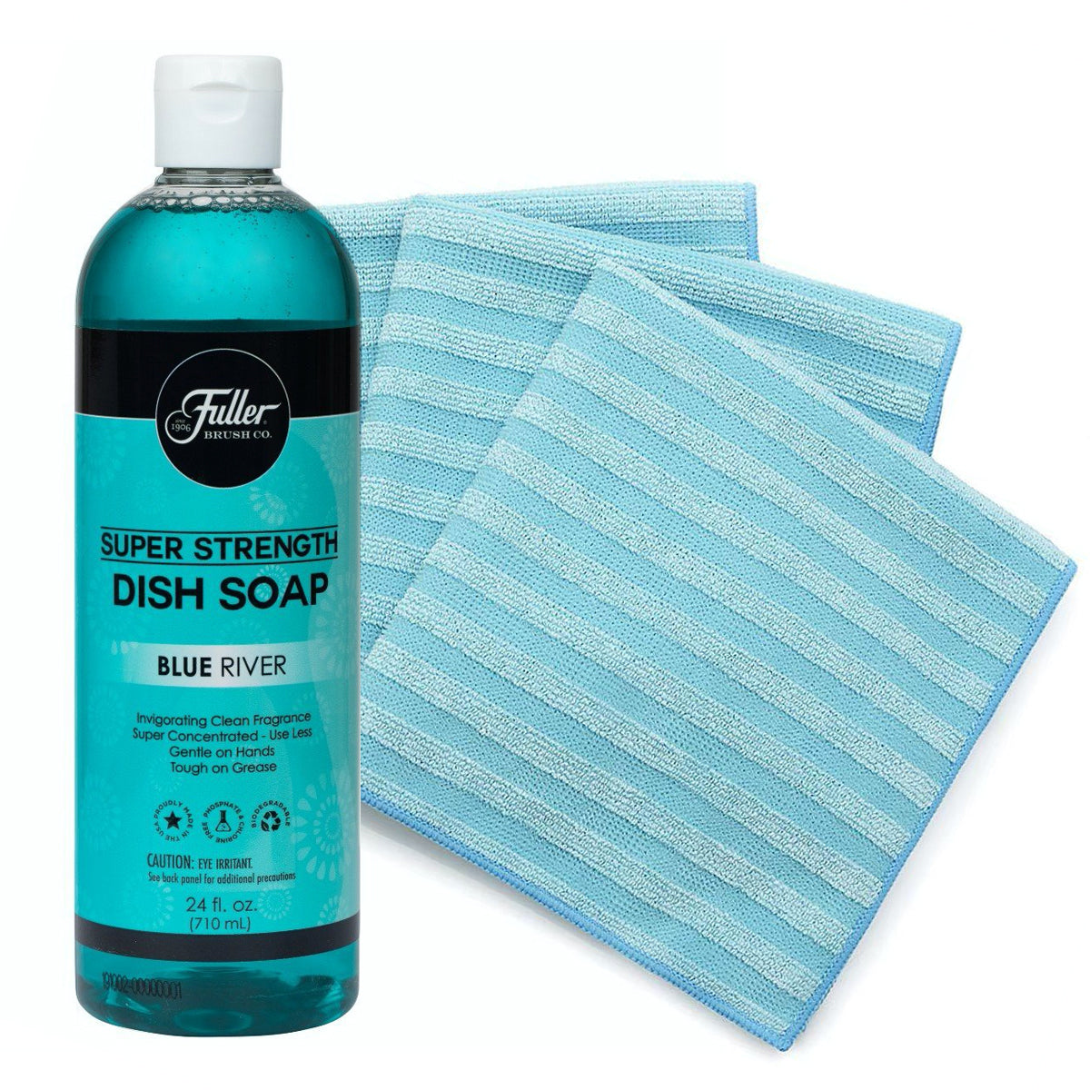 Dish Soap Super Strength Blue River + Dual Action Microfiber Cleaning Cloths (Pack of 3)