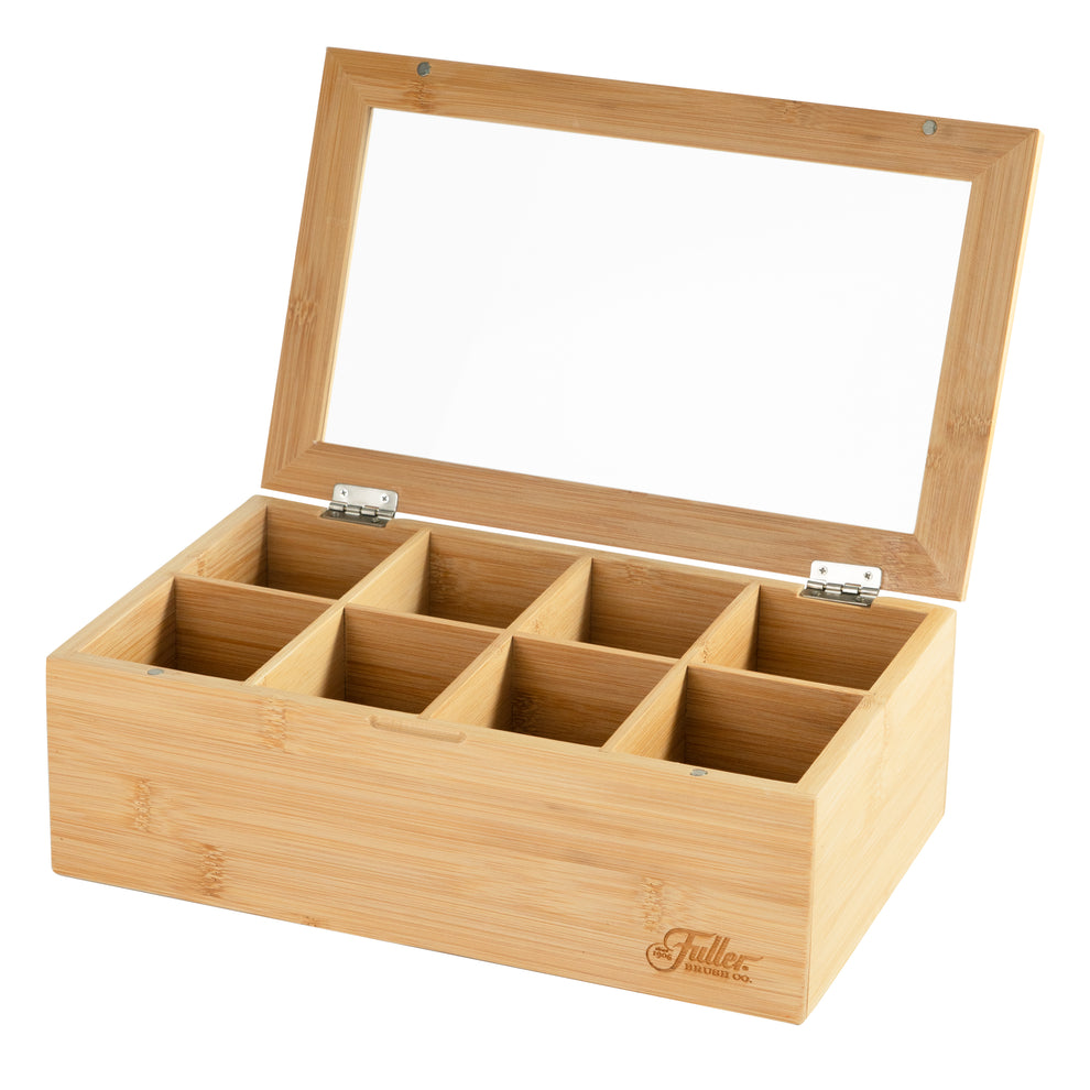 Fuller Brush Fuller Bamboo Tea Box Organizer with 8 Compartments  Natural Bamboo Tea Storage Case with Clear Acrylic Lid  Elegant Fuller Tea Caddy