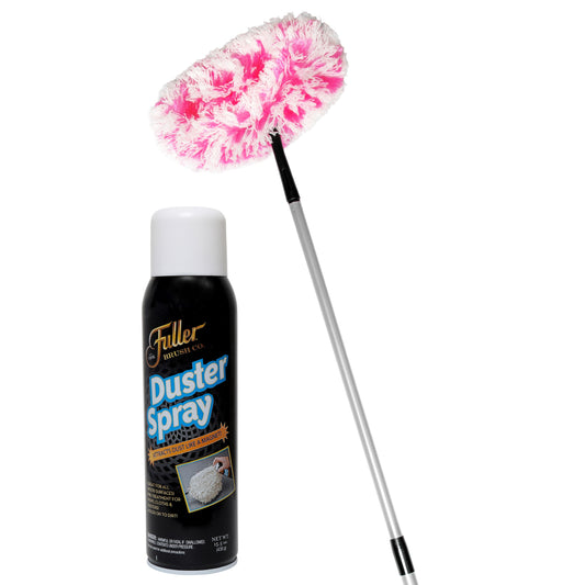 Fuzzy Fan Duster (Pink) with Telescopic Handle + Duster Spray