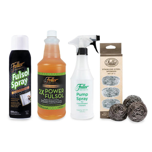 2X Power Fulsol + Fulsol Foaming Spray + Fuller Spray Bottle + Stainless Steel Scrubbers
