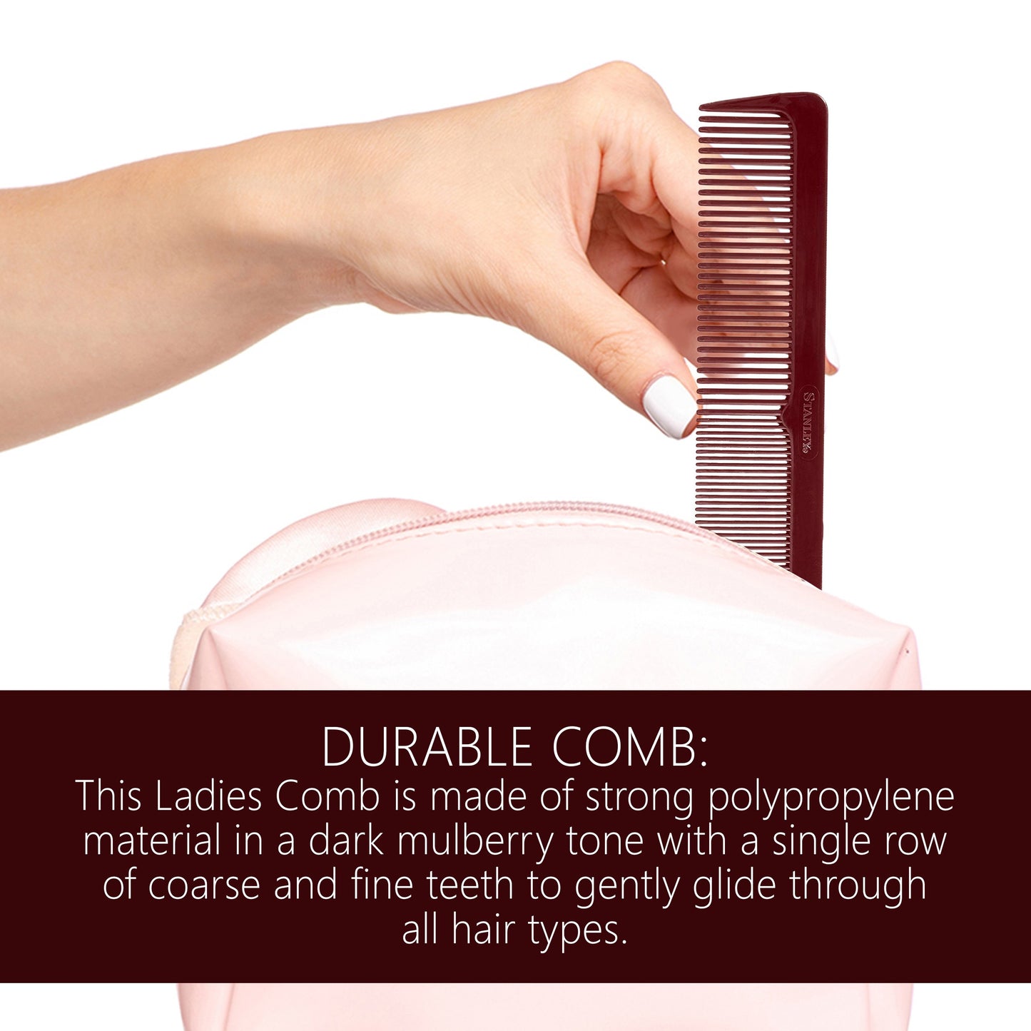 Essentials Ladies Comb, Dual Sided Coarse and Fine Tooth Design - Mulberry