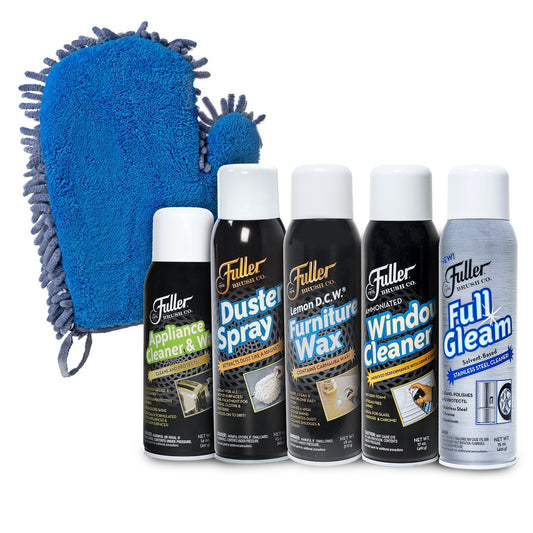 2-in-1 Clean & Polish Microfiber Mitt - Dual Purpose Cleaning Glove + Duster Spray + Appliance Cleaner + Full Gleam® Stainless Steel Cleaner + Lemon DCW Furniture Wax + Ammoniated Window Cleaner
